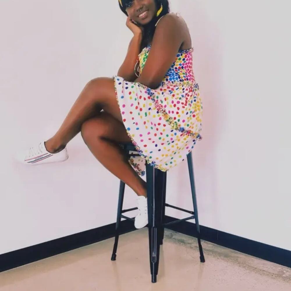 All Things Mochi Rainbow Mini Dress Polkadot Silk Chiffon Ruffle Designer $365 - Picture 8 of 14